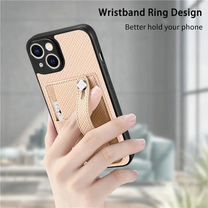 C1-01 For iPhone 14 Case Card Holder Carbon Fiber Texture PU+TPU+PC Shockproof Phone Cover