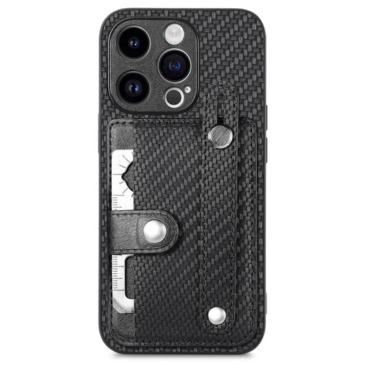 C1-01 For iPhone 15 Pro Case Wristband Design Card Holder Leather Coating Phone Back Cover