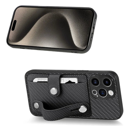 C1-01 For iPhone 15 Pro Case Wristband Design Card Holder Leather Coating Phone Back Cover
