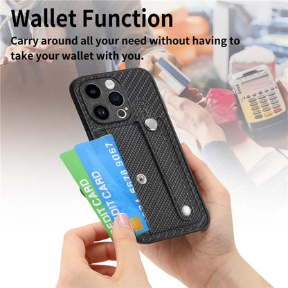 C1-01 For iPhone 15 Pro Case Wristband Design Card Holder Leather Coating Phone Back Cover