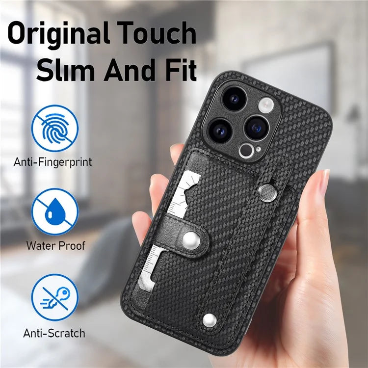 C1-01 For iPhone 15 Pro Case Wristband Design Card Holder Leather Coating Phone Back Cover