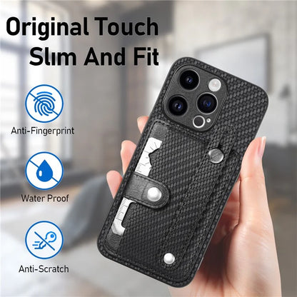 C1-01 For iPhone 15 Pro Case Wristband Design Card Holder Leather Coating Phone Back Cover