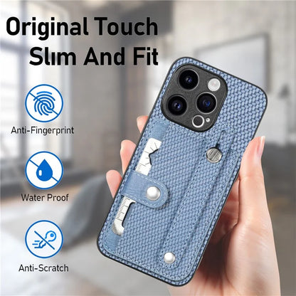 C1-01 For iPhone 15 Pro Case Wristband Design Card Holder Leather Coating Phone Back Cover