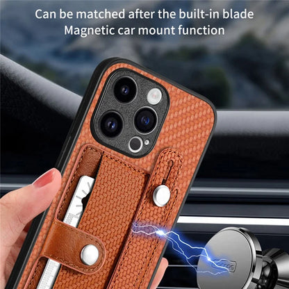 C1-01 For iPhone 15 Pro Case Wristband Design Card Holder Leather Coating Phone Back Cover