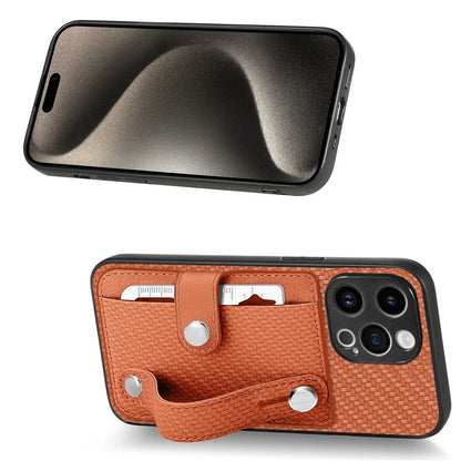 C1-01 For iPhone 15 Pro Case Wristband Design Card Holder Leather Coating Phone Back Cover