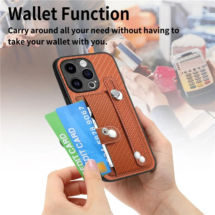 C1-01 For iPhone 15 Pro Case Wristband Design Card Holder Leather Coating Phone Back Cover