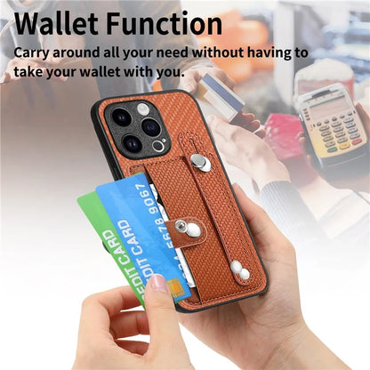 C1-01 For iPhone 15 Pro Case Wristband Design Card Holder Leather Coating Phone Back Cover