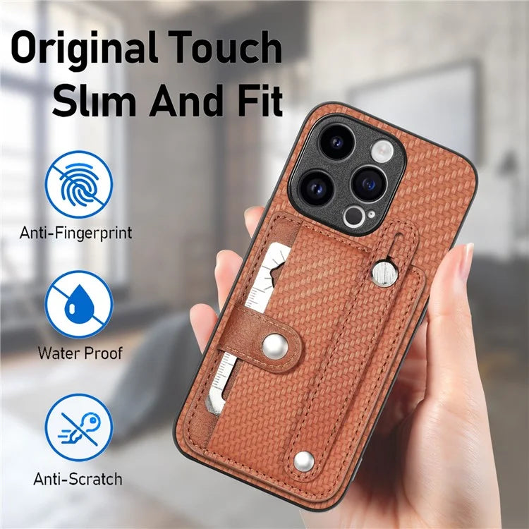 C1-01 For iPhone 15 Pro Case Wristband Design Card Holder Leather Coating Phone Back Cover