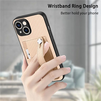 C1-01 For iPhone 15 Pro Case Wristband Design Card Holder Leather Coating Phone Back Cover