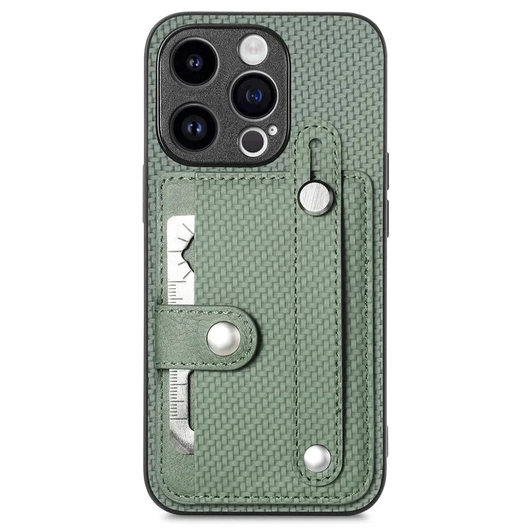 C1-01 For iPhone 15 Pro Case Wristband Design Card Holder Leather Coating Phone Back Cover