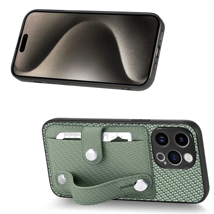 C1-01 For iPhone 15 Pro Case Wristband Design Card Holder Leather Coating Phone Back Cover