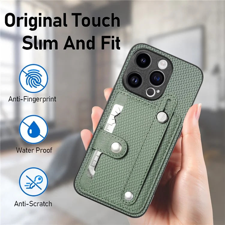 C1-01 For iPhone 15 Pro Case Wristband Design Card Holder Leather Coating Phone Back Cover