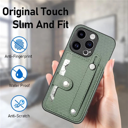 C1-01 For iPhone 15 Pro Case Wristband Design Card Holder Leather Coating Phone Back Cover