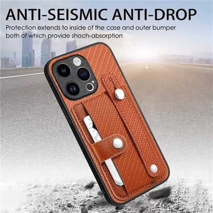 C1-01 For iPhone 15 Pro Case Wristband Design Card Holder Leather Coating Phone Back Cover