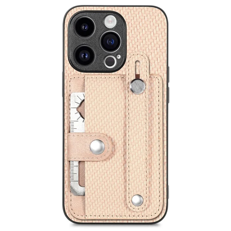 C1-01 For iPhone 15 Pro Case Wristband Design Card Holder Leather Coating Phone Back Cover