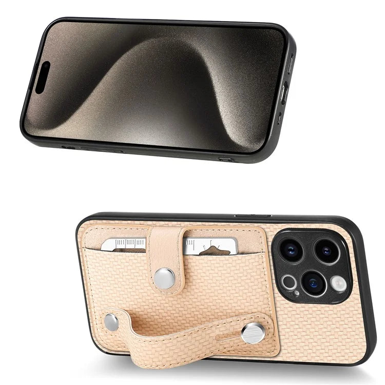 C1-01 For iPhone 15 Pro Case Wristband Design Card Holder Leather Coating Phone Back Cover