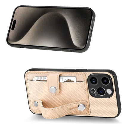 C1-01 For iPhone 15 Pro Case Wristband Design Card Holder Leather Coating Phone Back Cover