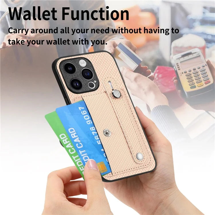 C1-01 For iPhone 15 Pro Case Wristband Design Card Holder Leather Coating Phone Back Cover