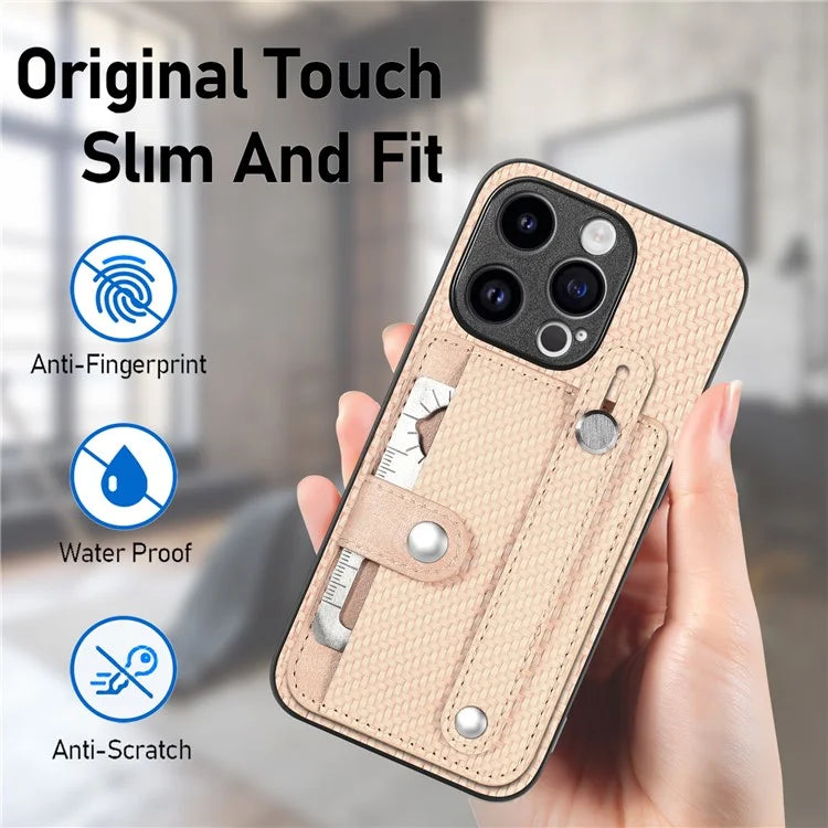 C1-01 For iPhone 15 Pro Case Wristband Design Card Holder Leather Coating Phone Back Cover