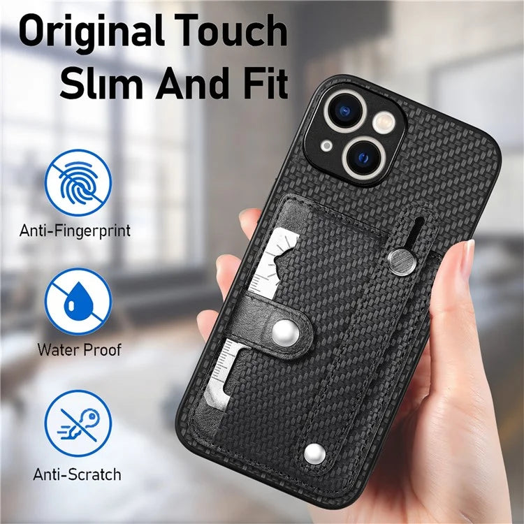 C1-01 For iPhone 15 Case Card Slot Leather+TPU+PC Carbon Fiber Texture Kickstand Phone Cover