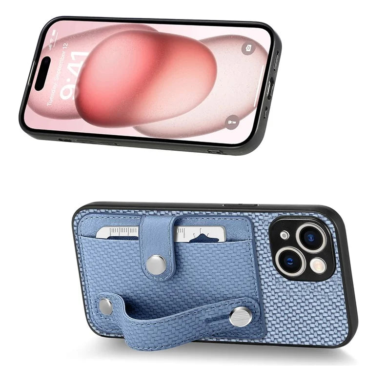 C1-01 For iPhone 15 Case Card Slot Leather+TPU+PC Carbon Fiber Texture Kickstand Phone Cover