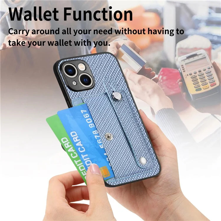 C1-01 For iPhone 15 Case Card Slot Leather+TPU+PC Carbon Fiber Texture Kickstand Phone Cover