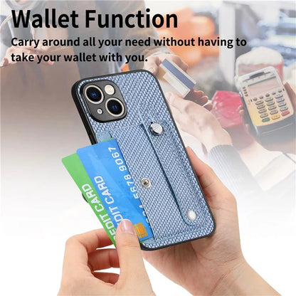 C1-01 For iPhone 15 Case Card Slot Leather+TPU+PC Carbon Fiber Texture Kickstand Phone Cover