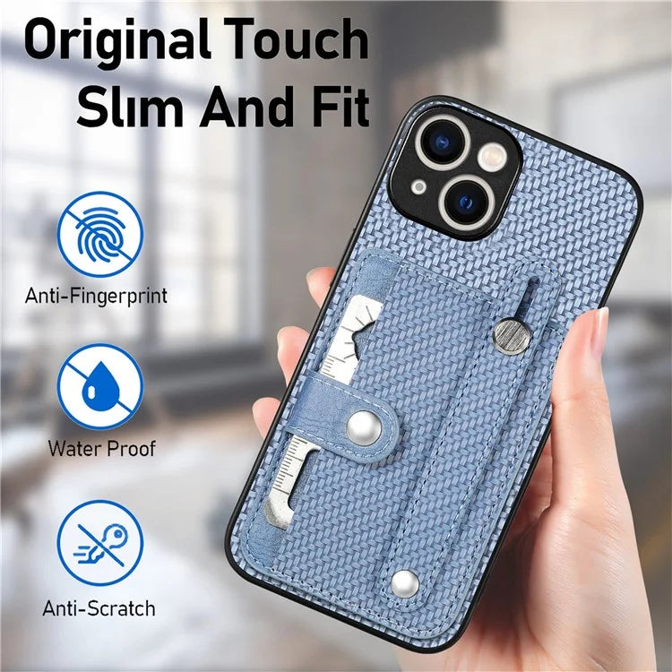 C1-01 For iPhone 15 Case Card Slot Leather+TPU+PC Carbon Fiber Texture Kickstand Phone Cover