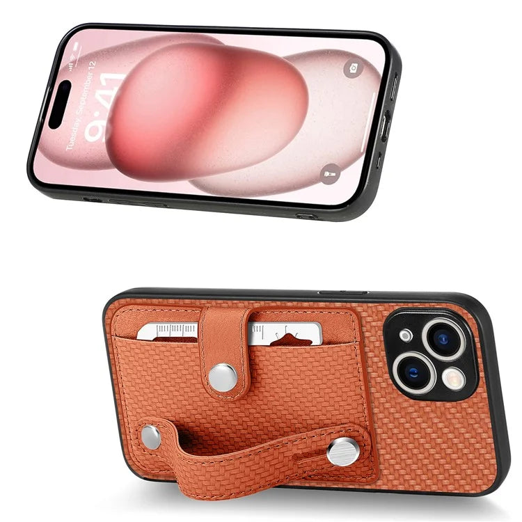 C1-01 For iPhone 15 Case Card Slot Leather+TPU+PC Carbon Fiber Texture Kickstand Phone Cover