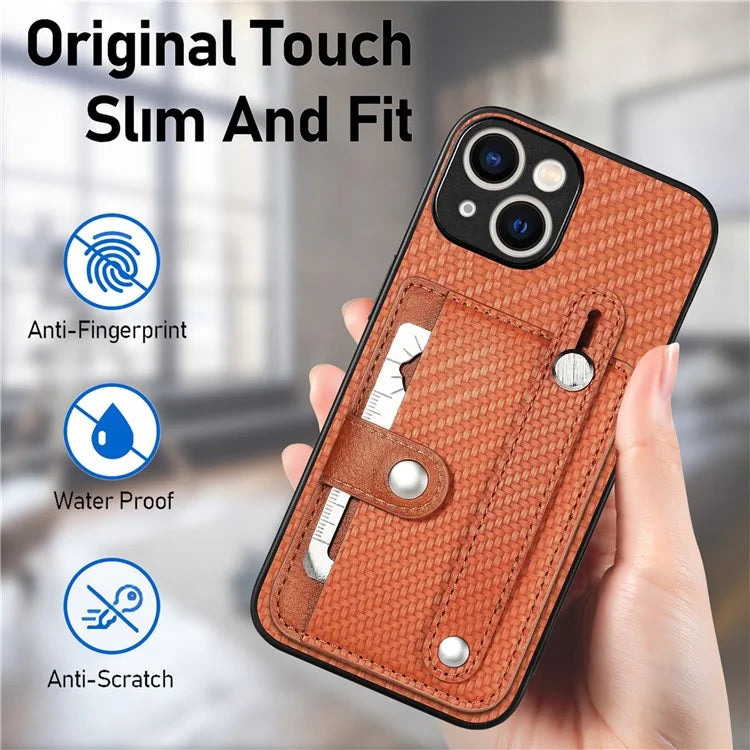 C1-01 For iPhone 15 Case Card Slot Leather+TPU+PC Carbon Fiber Texture Kickstand Phone Cover