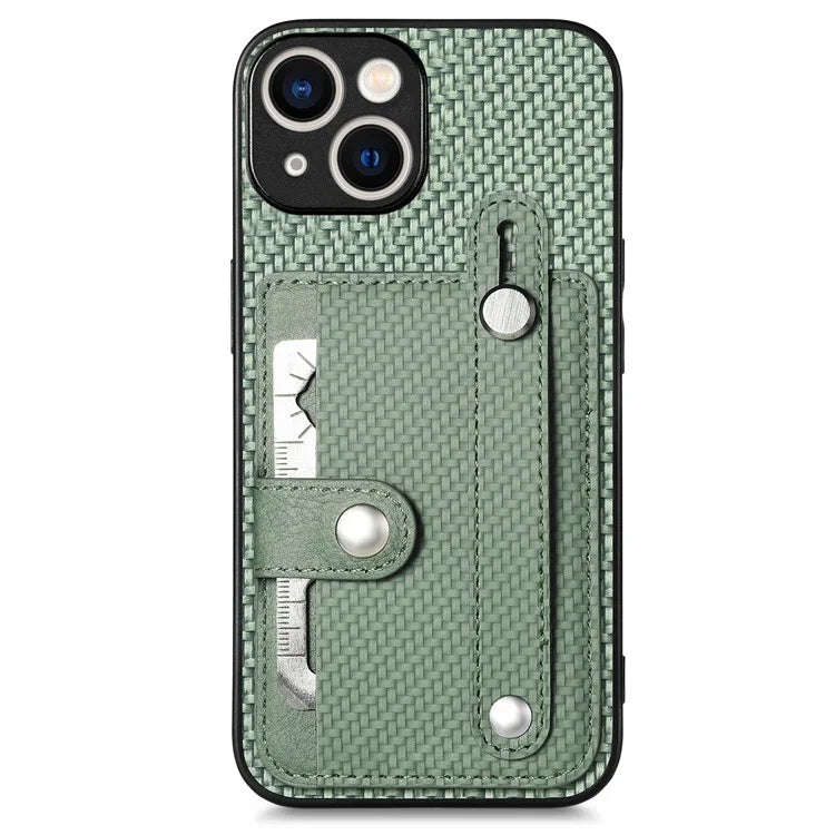 C1-01 For iPhone 15 Case Card Slot Leather+TPU+PC Carbon Fiber Texture Kickstand Phone Cover