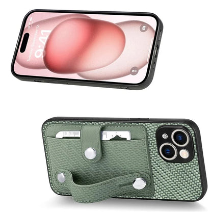 C1-01 For iPhone 15 Case Card Slot Leather+TPU+PC Carbon Fiber Texture Kickstand Phone Cover