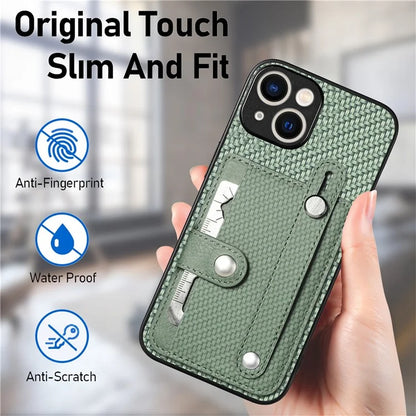 C1-01 For iPhone 15 Case Card Slot Leather+TPU+PC Carbon Fiber Texture Kickstand Phone Cover