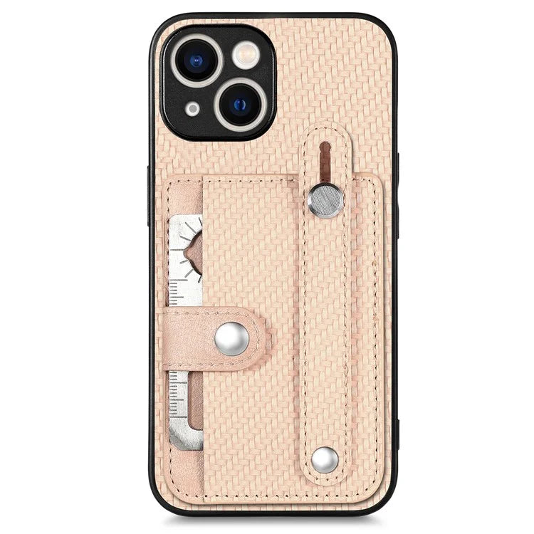 C1-01 For iPhone 15 Case Card Slot Leather+TPU+PC Carbon Fiber Texture Kickstand Phone Cover