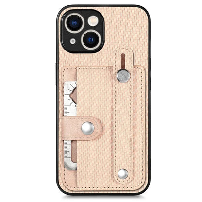 C1-01 For iPhone 15 Case Card Slot Leather+TPU+PC Carbon Fiber Texture Kickstand Phone Cover