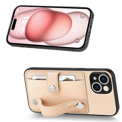 C1-01 For iPhone 15 Case Card Slot Leather+TPU+PC Carbon Fiber Texture Kickstand Phone Cover