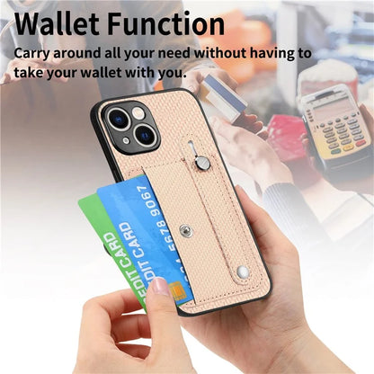 C1-01 For iPhone 15 Case Card Slot Leather+TPU+PC Carbon Fiber Texture Kickstand Phone Cover