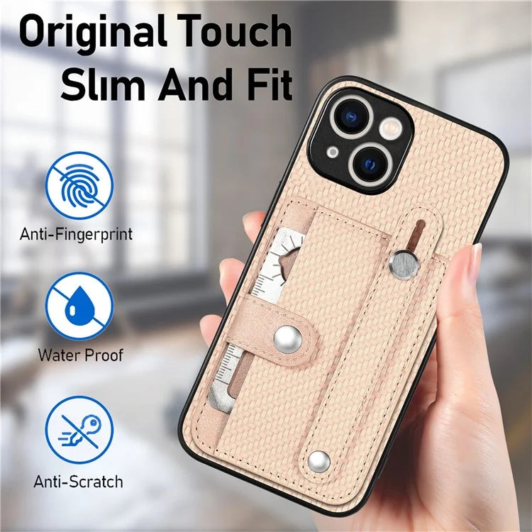 C1-01 For iPhone 15 Case Card Slot Leather+TPU+PC Carbon Fiber Texture Kickstand Phone Cover