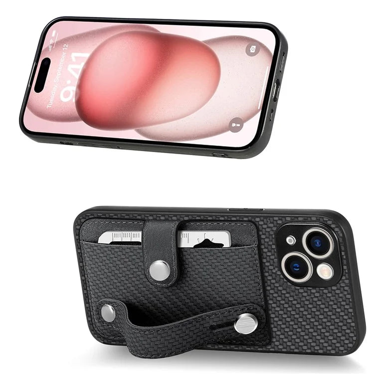 C1-01 For iPhone 15 Plus Case Leather+TPU+PC Hybrid Phone Cover with Card Slot Kickstand
