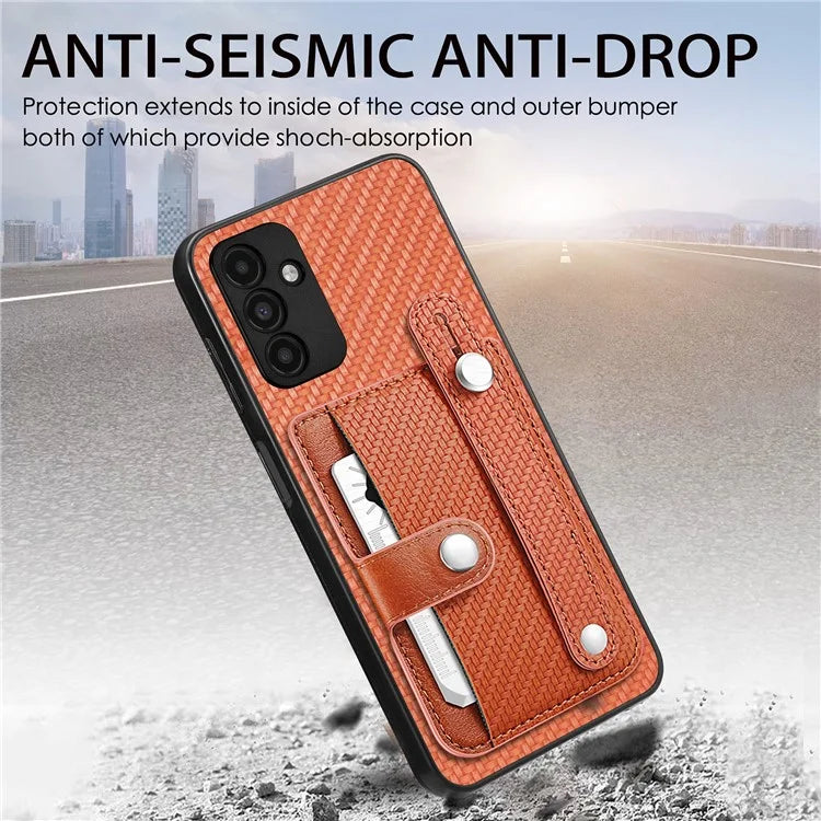 C1-01 For Samsung Galaxy A13 5G / A04s 4G (164.7 x 76.7 x 9.1 mm) Case Wristband Kickstand Leather Coating Phone Cover