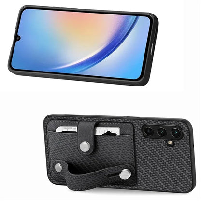 C1-01 For Samsung Galaxy A34 5G Wristband Design Card Holder Leather Coating Phone Cover