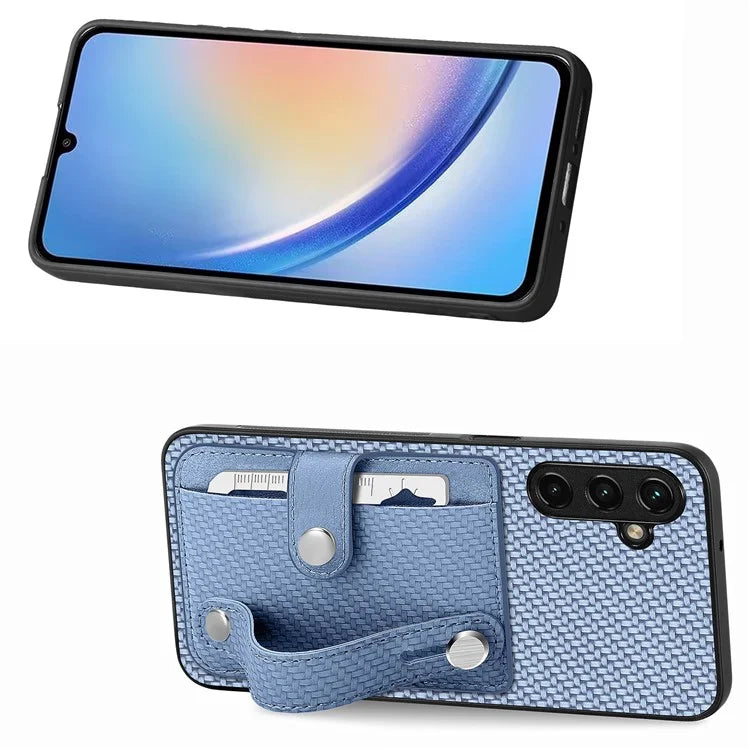 C1-01 For Samsung Galaxy A34 5G Wristband Design Card Holder Leather Coating Phone Cover