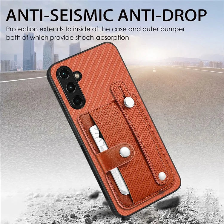 C1-01 For Samsung Galaxy A55 5G Slim-Fit Cover Card Holder Wristband PU Leather+TPU+PC Phone Case