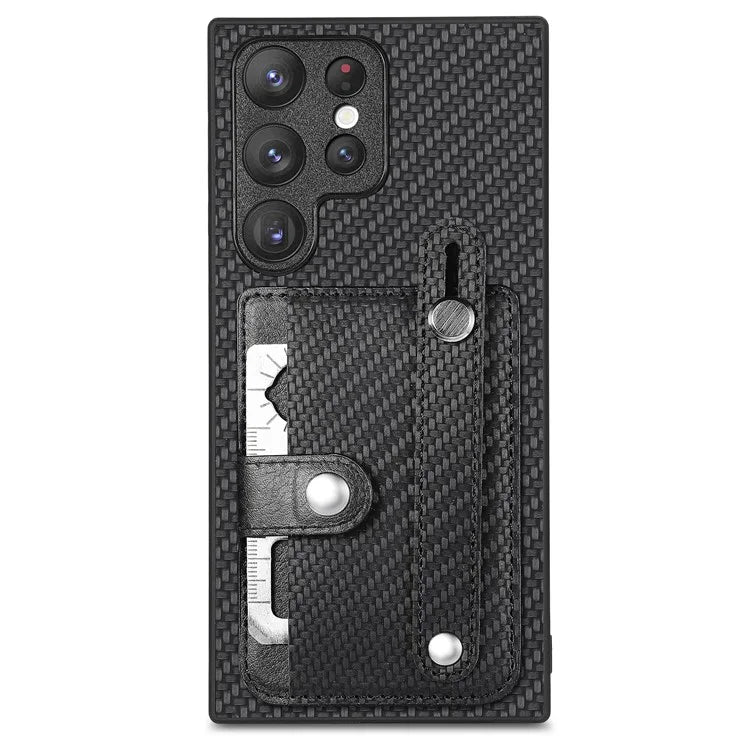 C1-01 For Samsung Galaxy S23 Ultra Wristband Cell Phone Case Card Holder PU Leather Coated TPU+PC Cover