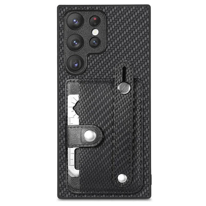 C1-01 For Samsung Galaxy S23 Ultra Wristband Cell Phone Case Card Holder PU Leather Coated TPU+PC Cover