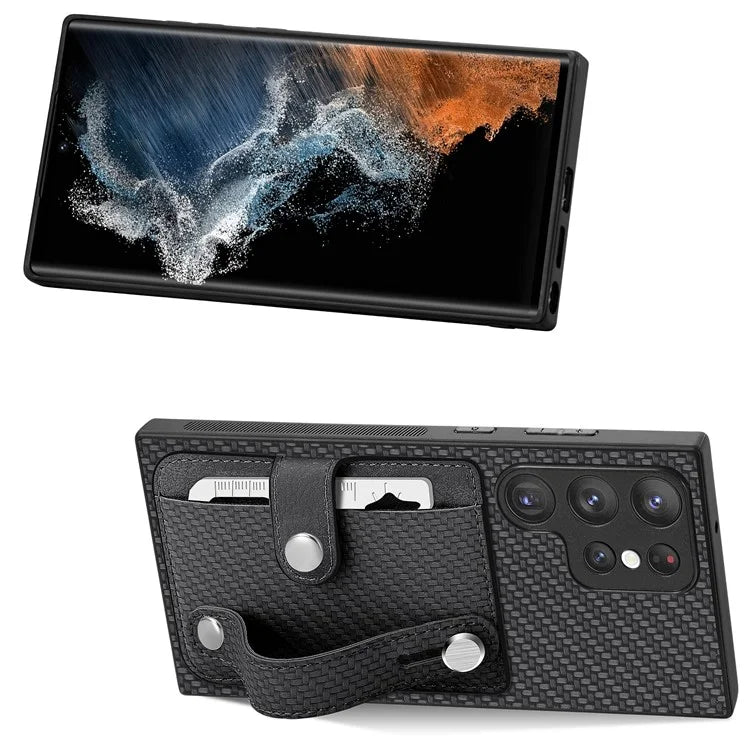 C1-01 For Samsung Galaxy S23 Ultra Wristband Cell Phone Case Card Holder PU Leather Coated TPU+PC Cover