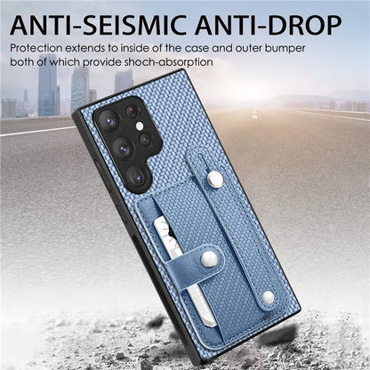 C1-01 For Samsung Galaxy S23 Ultra Wristband Cell Phone Case Card Holder PU Leather Coated TPU+PC Cover