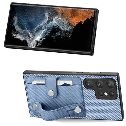C1-01 For Samsung Galaxy S23 Ultra Wristband Cell Phone Case Card Holder PU Leather Coated TPU+PC Cover