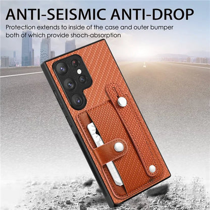 C1-01 For Samsung Galaxy S23 Ultra Wristband Cell Phone Case Card Holder PU Leather Coated TPU+PC Cover