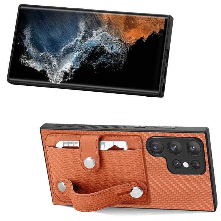 C1-01 For Samsung Galaxy S23 Ultra Wristband Cell Phone Case Card Holder PU Leather Coated TPU+PC Cover